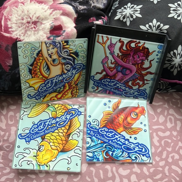 Ed Hardy Christian Audigier Ocean/ Mermaid/ tattoo themed Glass 4"x4" Coasters - Picture 2 of 2